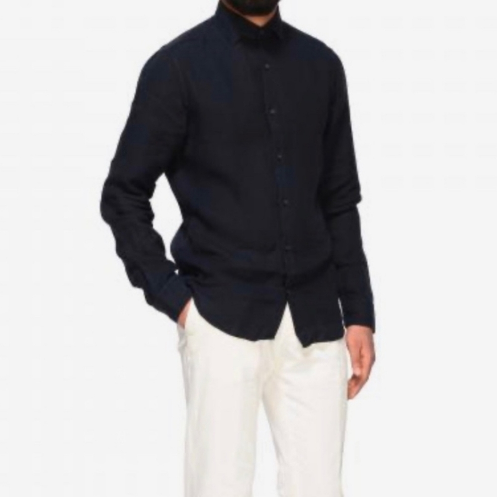 ermenegildo zegna mens black 100% linen long sleeve buttondown shirt size L